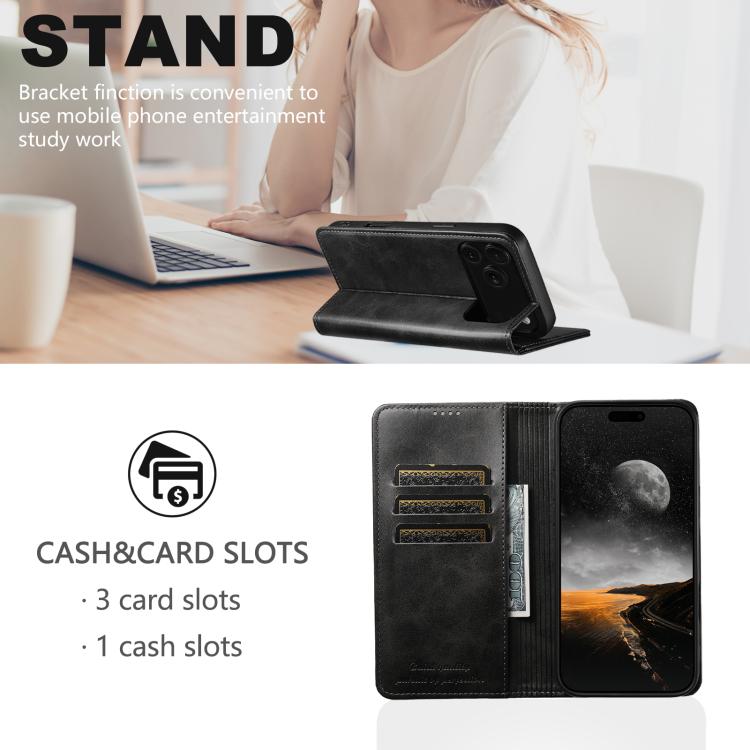 For iPhone 17 Pro Suteni Calf Texture Horizontal Flip Leather Phone Case(Black) by Suteni