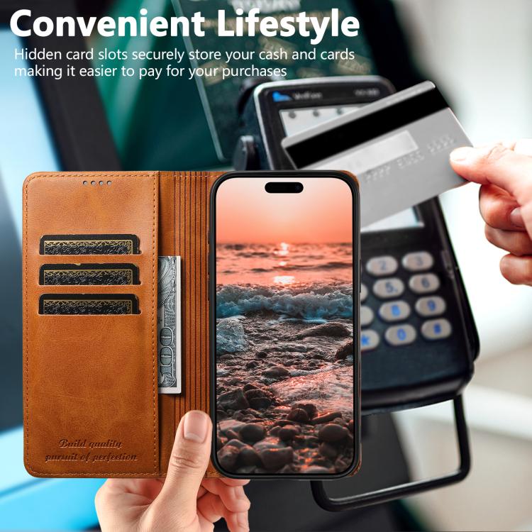 For iPhone 17 Suteni Calf Texture Horizontal Flip Leather Phone Case(Khaki) by Suteni