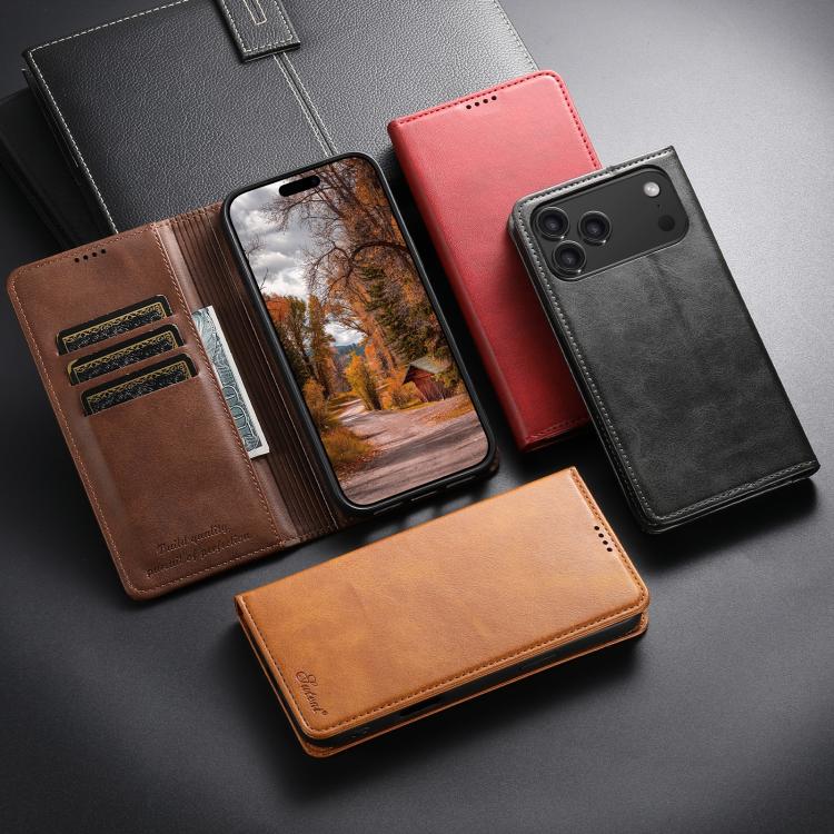 For iPhone 15 Plus Suteni Calf Texture Horizontal Flip Leather Phone Case(Brown) by Suteni