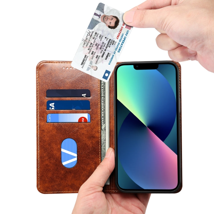 For iPhone 15 Suteni Baroque Calf Texture Buckle Wallet Leather Phone Case(Khaki) by Suteni