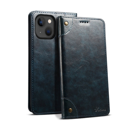 For iPhone 15 Suteni Baroque Calf Texture Buckle Wallet Leather Phone Case(Blue) by Suteni