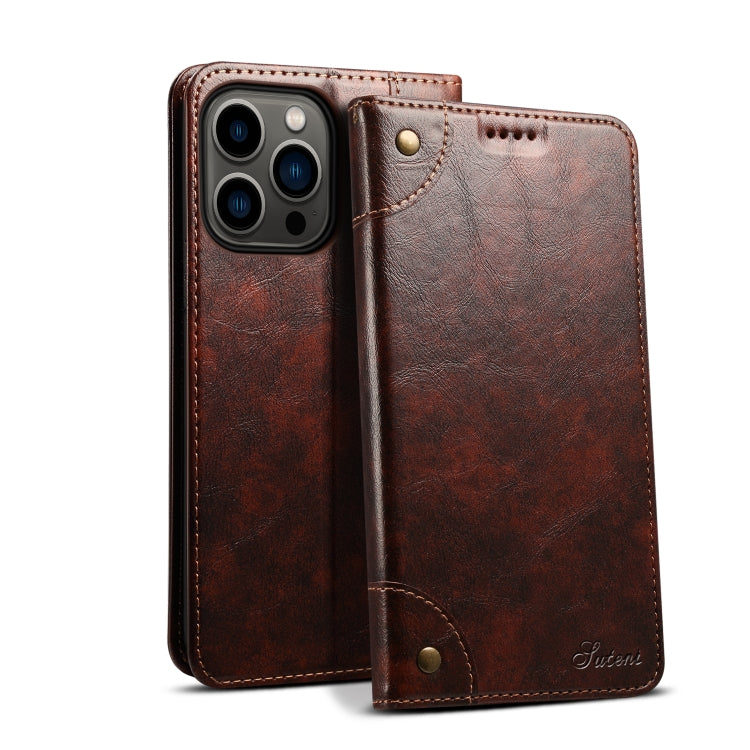For iPhone 15 Pro Max Suteni Baroque Calf Texture Buckle Wallet Leather Phone Case(Brown) by Suteni