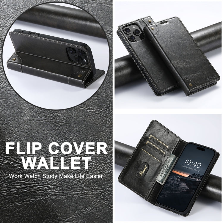 For iPhone 16 Suteni Baroque Calf Texture Buckle Wallet Leather Phone Case(Black) by Suteni