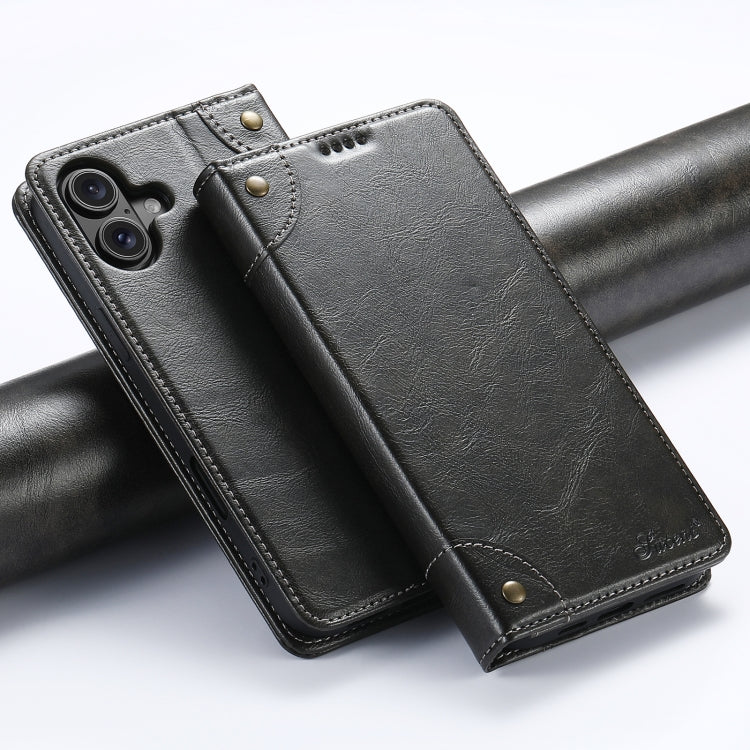 For iPhone 16 Suteni Baroque Calf Texture Buckle Wallet Leather Phone Case(Black) by Suteni