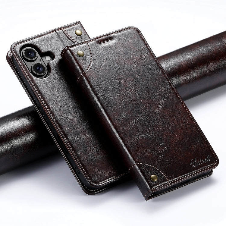 For iPhone 16 Suteni Baroque Calf Texture Buckle Wallet Leather Phone Case(Brown) by Suteni