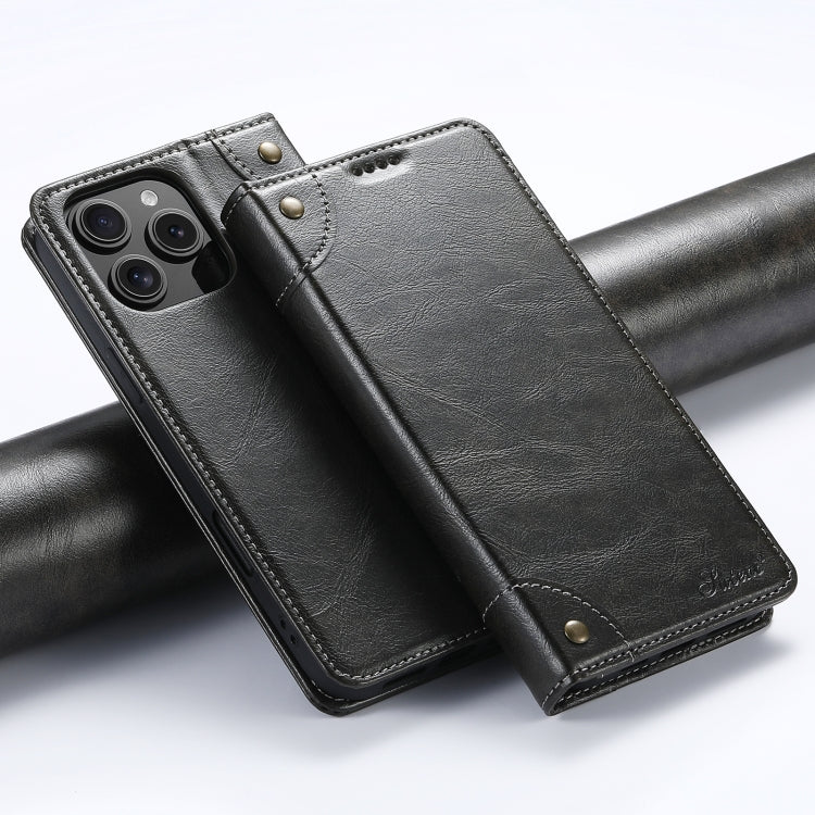 For iPhone 16 Pro Suteni Baroque Calf Texture Buckle Wallet Leather Phone Case(Black) by Suteni