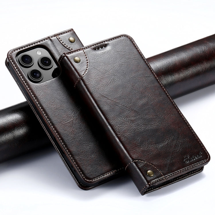 For iPhone 16 Pro Suteni Baroque Calf Texture Buckle Wallet Leather Phone Case(Brown) by Suteni