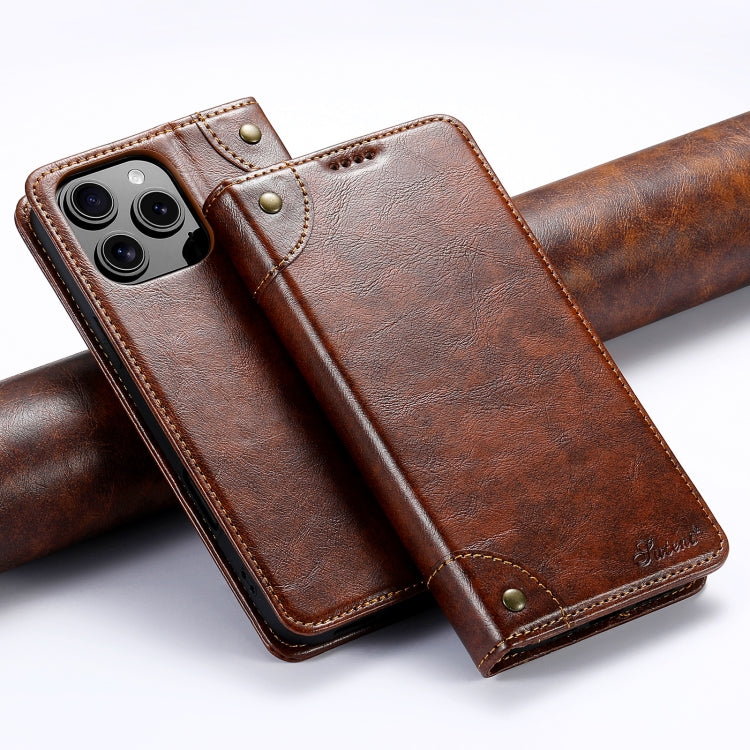 For iPhone 16 Pro Suteni Baroque Calf Texture Buckle Wallet Leather Phone Case(Khaki) by Suteni