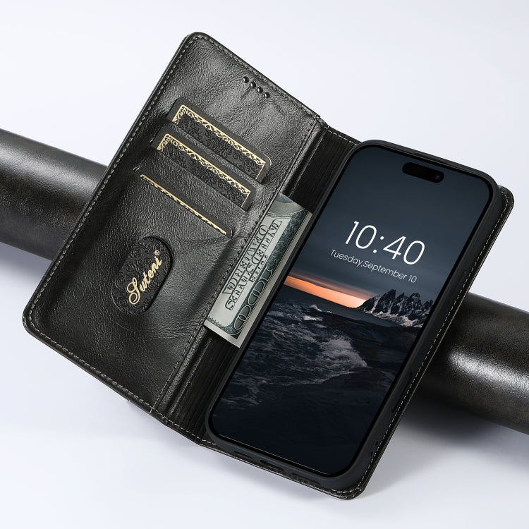 For iPhone 16 Plus Suteni Baroque Calf Texture Buckle Wallet Leather Phone Case(Black) by Suteni