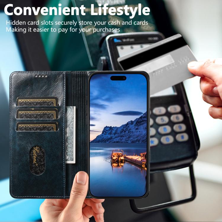 For iPhone 17 Pro Suteni Baroque Calf Texture Buckle Wallet Leather Phone Case(Blue) by Suteni