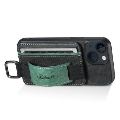 For iPhone 15 Suteni H13 Card Wallet Wrist Strap Holder PU Phone Case(Black) by Suteni