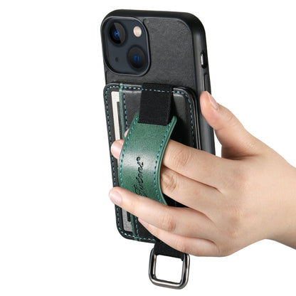 For iPhone 15 Suteni H13 Card Wallet Wrist Strap Holder PU Phone Case(Black) by Suteni