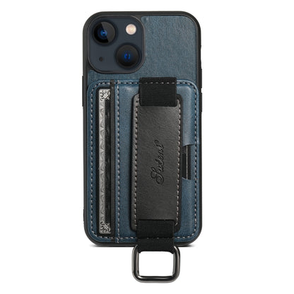 For iPhone 15 Suteni H13 Card Wallet Wrist Strap Holder PU Phone Case(Blue) by Suteni