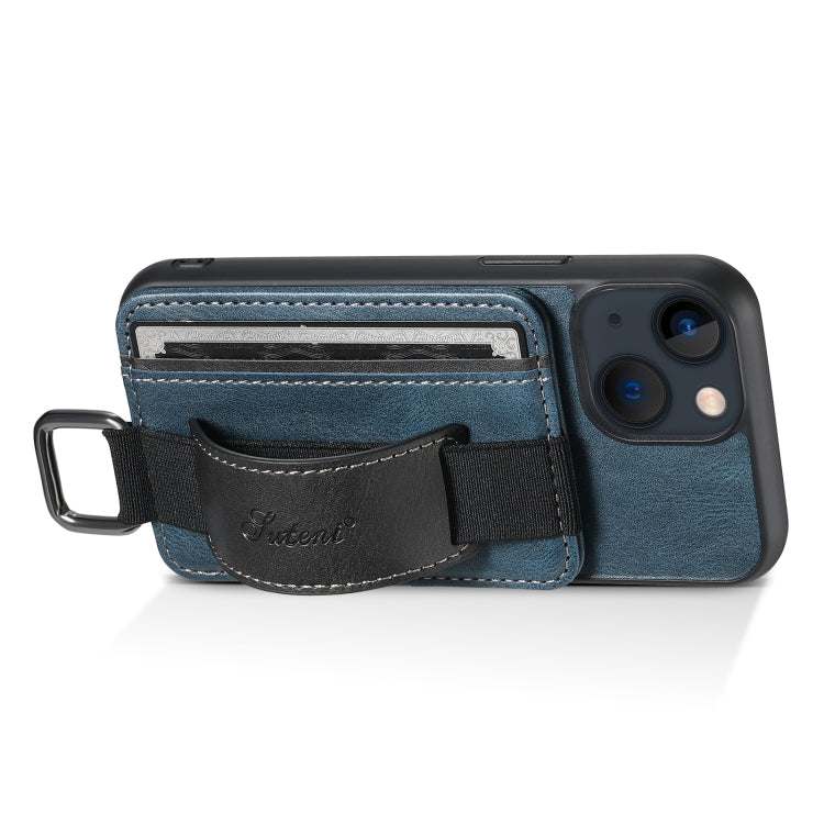 For iPhone 15 Suteni H13 Card Wallet Wrist Strap Holder PU Phone Case(Blue) by Suteni