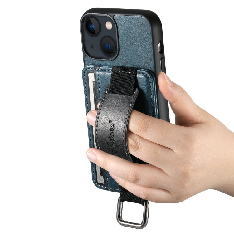 For iPhone 15 Suteni H13 Card Wallet Wrist Strap Holder PU Phone Case(Blue) by Suteni