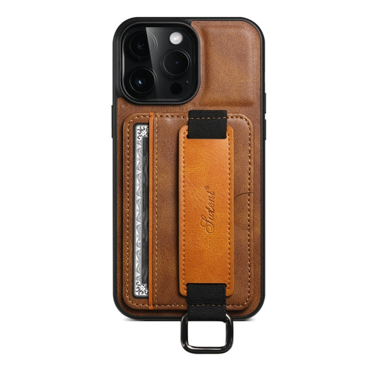 For iPhone 15 Pro Suteni H13 Card Wallet Wrist Strap Holder PU Phone Case(Brown) by Suteni