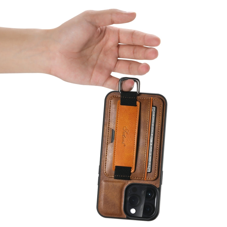 For iPhone 15 Pro Suteni H13 Card Wallet Wrist Strap Holder PU Phone Case(Brown) by Suteni