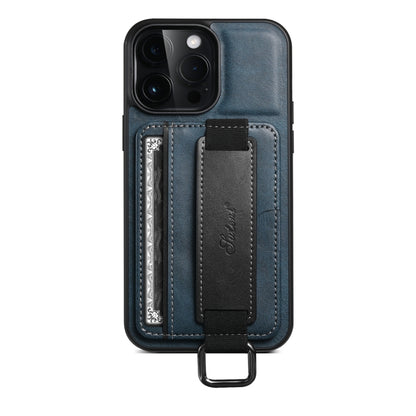 For iPhone 15 Pro Suteni H13 Card Wallet Wrist Strap Holder PU Phone Case(Blue) by Suteni