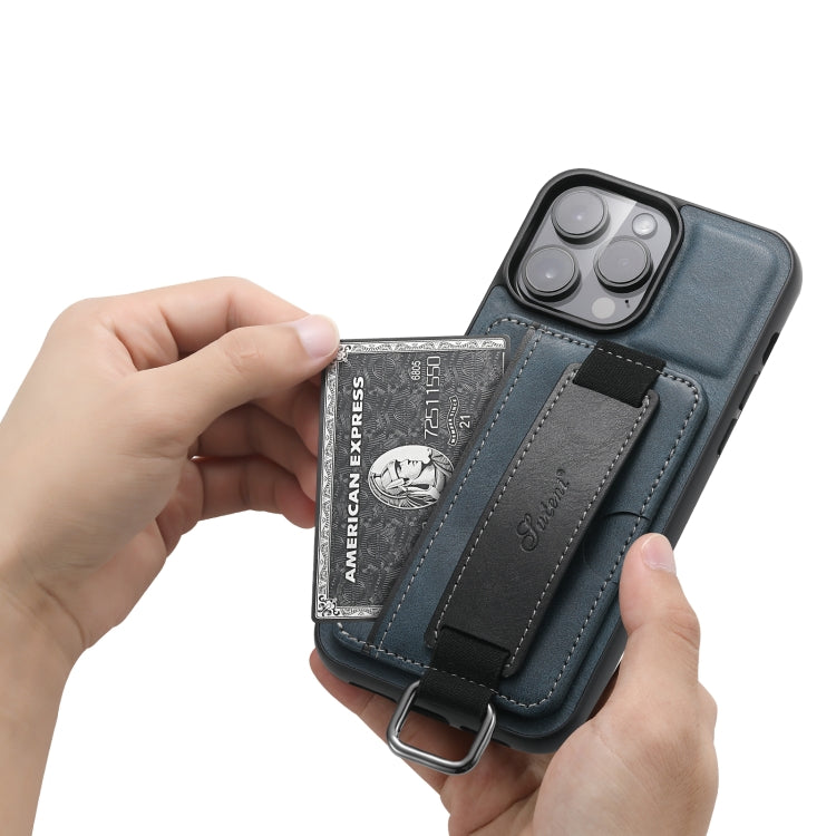 For iPhone 15 Pro Suteni H13 Card Wallet Wrist Strap Holder PU Phone Case(Blue) by Suteni