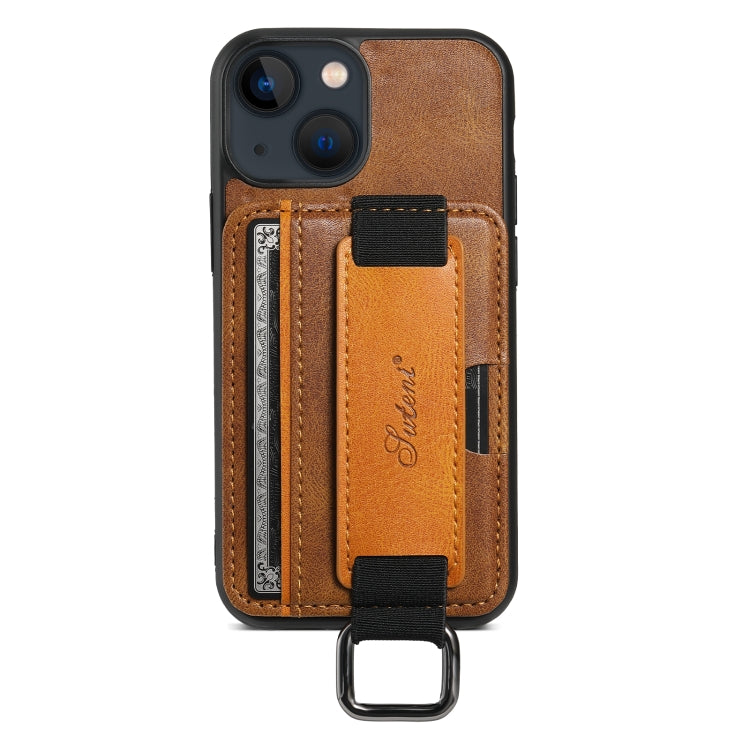 For iPhone 15 Plus Suteni H13 Card Wallet Wrist Strap Holder PU Phone Case(Brown) by Suteni