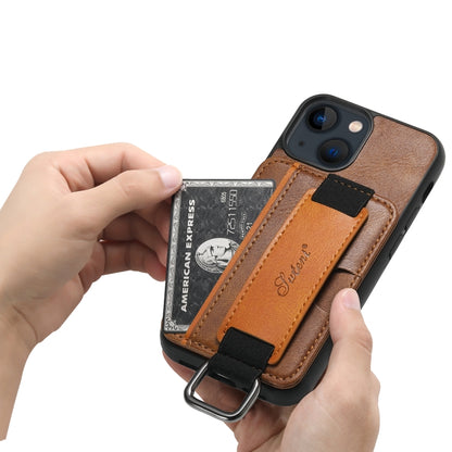 For iPhone 15 Plus Suteni H13 Card Wallet Wrist Strap Holder PU Phone Case(Brown) by Suteni
