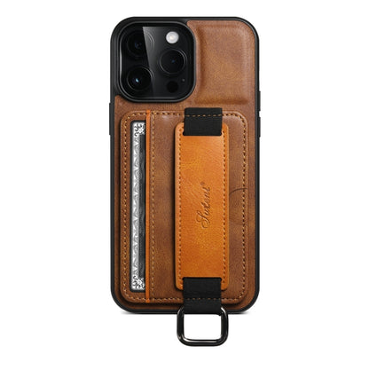 For iPhone 15 Pro Max Suteni H13 Card Wallet Wrist Strap Holder PU Phone Case(Brown) by Suteni