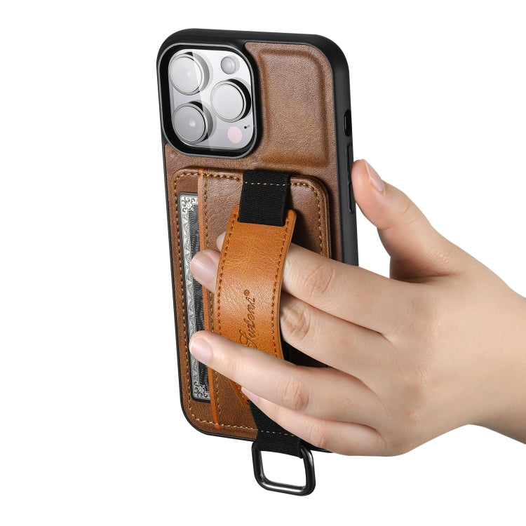 For iPhone 15 Pro Max Suteni H13 Card Wallet Wrist Strap Holder PU Phone Case(Brown) by Suteni