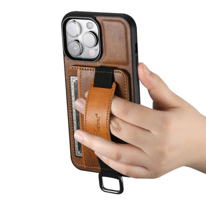 For iPhone 15 Pro Max Suteni H13 Card Wallet Wrist Strap Holder PU Phone Case(Brown) by Suteni