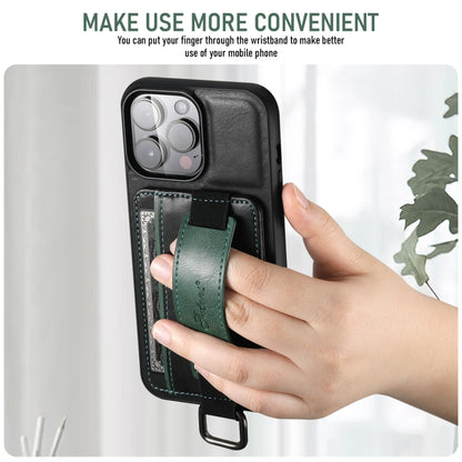 For iPhone 16 Suteni H13 Card Wallet Wrist Strap Holder PU Phone Case(Black) by Suteni