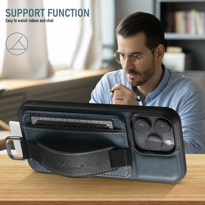 For iPhone 16 Suteni H13 Card Wallet Wrist Strap Holder PU Phone Case(Blue) by Suteni