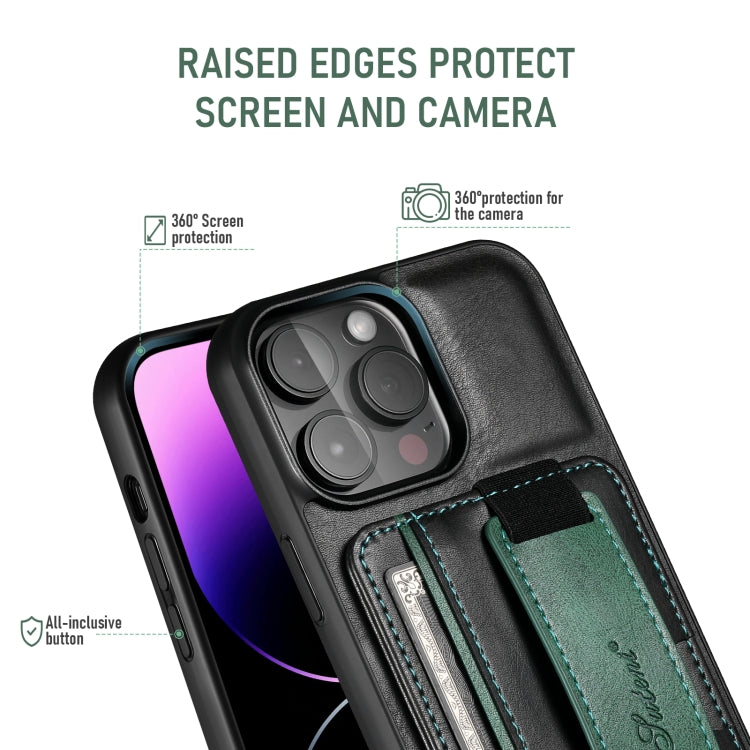 For iPhone 16 Pro Suteni H13 Card Wallet Wrist Strap Holder PU Phone Case(Black) by Suteni