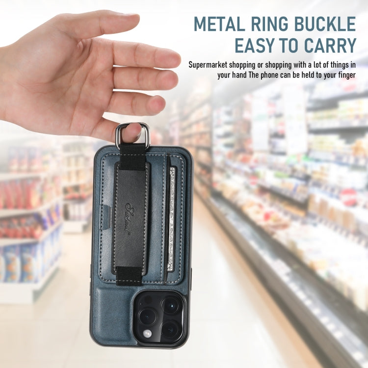 For iPhone 16 Pro Suteni H13 Card Wallet Wrist Strap Holder PU Phone Case(Blue) by Suteni