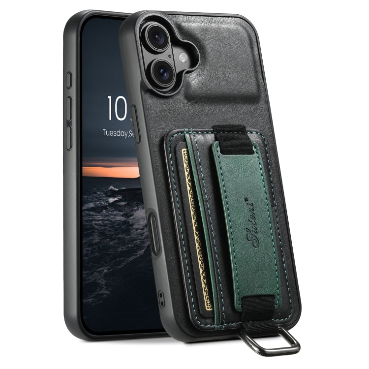 For iPhone 16 Plus Suteni H13 Card Wallet Wrist Strap Holder PU Phone Case(Black) by Suteni