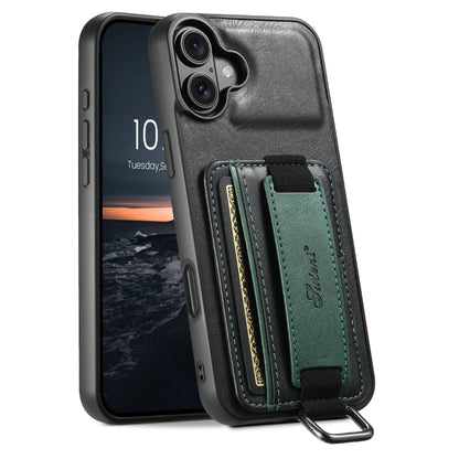 For iPhone 16 Plus Suteni H13 Card Wallet Wrist Strap Holder PU Phone Case(Black) by Suteni