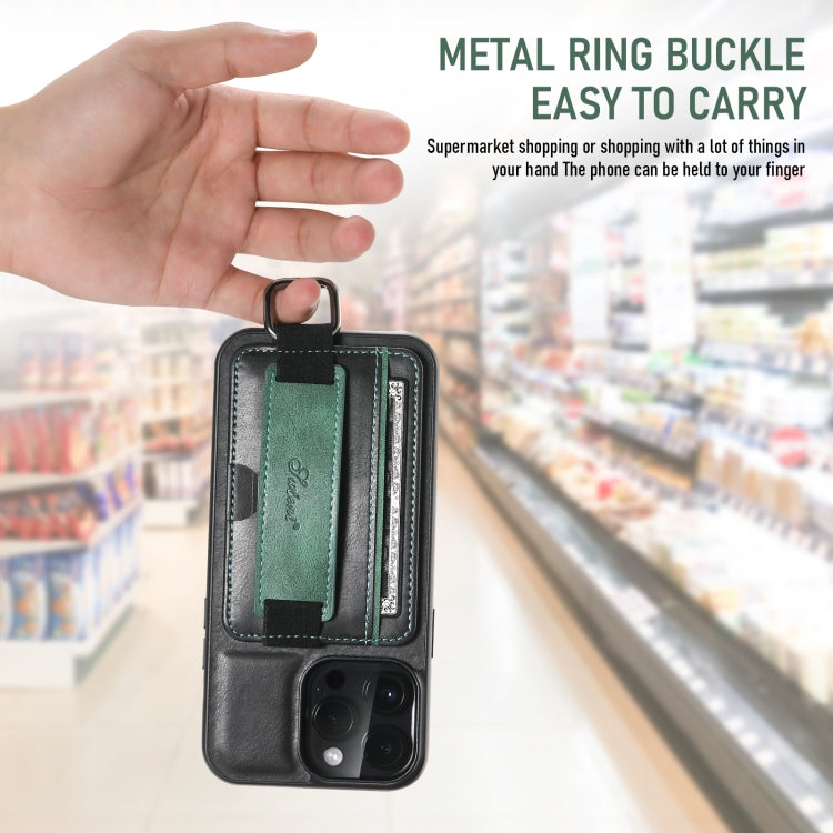 For iPhone 16 Plus Suteni H13 Card Wallet Wrist Strap Holder PU Phone Case(Black) by Suteni