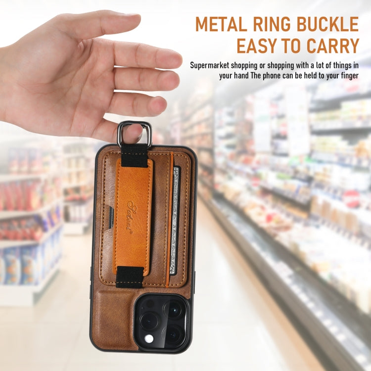 For iPhone 16 Plus Suteni H13 Card Wallet Wrist Strap Holder PU Phone Case(Brown) by Suteni