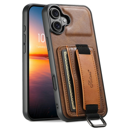 For iPhone 16 Plus Suteni H13 Card Wallet Wrist Strap Holder PU Phone Case(Brown) by Suteni