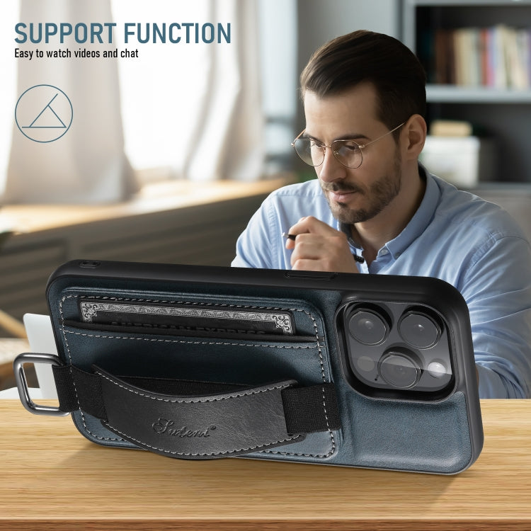 For iPhone 16 Plus Suteni H13 Card Wallet Wrist Strap Holder PU Phone Case(Blue) by Suteni