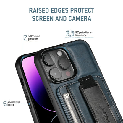 For iPhone 16 Plus Suteni H13 Card Wallet Wrist Strap Holder PU Phone Case(Blue) by Suteni