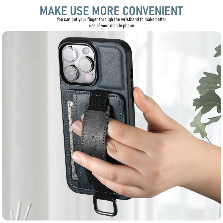 For iPhone 16 Plus Suteni H13 Card Wallet Wrist Strap Holder PU Phone Case(Blue) by Suteni