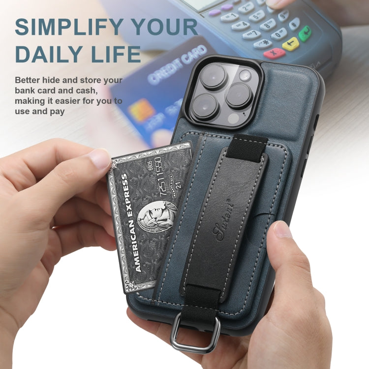 For iPhone 16 Plus Suteni H13 Card Wallet Wrist Strap Holder PU Phone Case(Blue) by Suteni