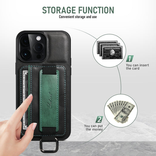 For iPhone 16 Pro Max Suteni H13 Card Wallet Wrist Strap Holder PU Phone Case(Black) by Suteni