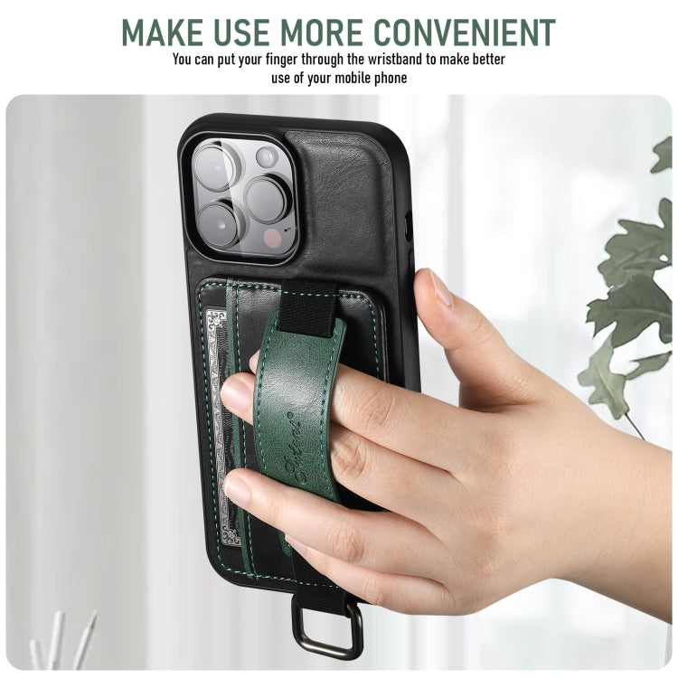 For iPhone 16 Pro Max Suteni H13 Card Wallet Wrist Strap Holder PU Phone Case(Black) by Suteni