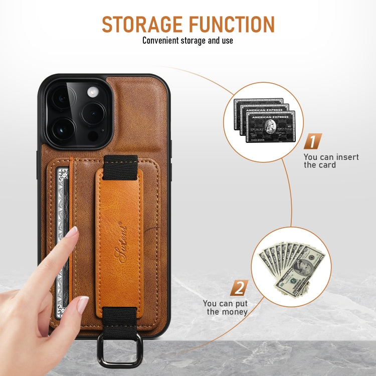 For iPhone 16 Pro Max Suteni H13 Card Wallet Wrist Strap Holder PU Phone Case(Brown) by Suteni