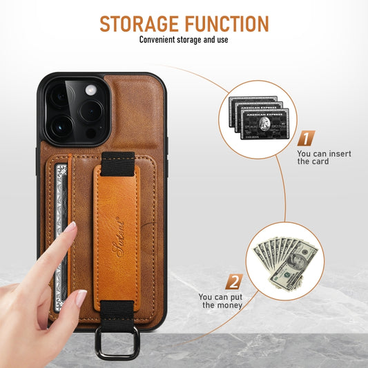 For iPhone 16 Pro Max Suteni H13 Card Wallet Wrist Strap Holder PU Phone Case(Brown) by Suteni