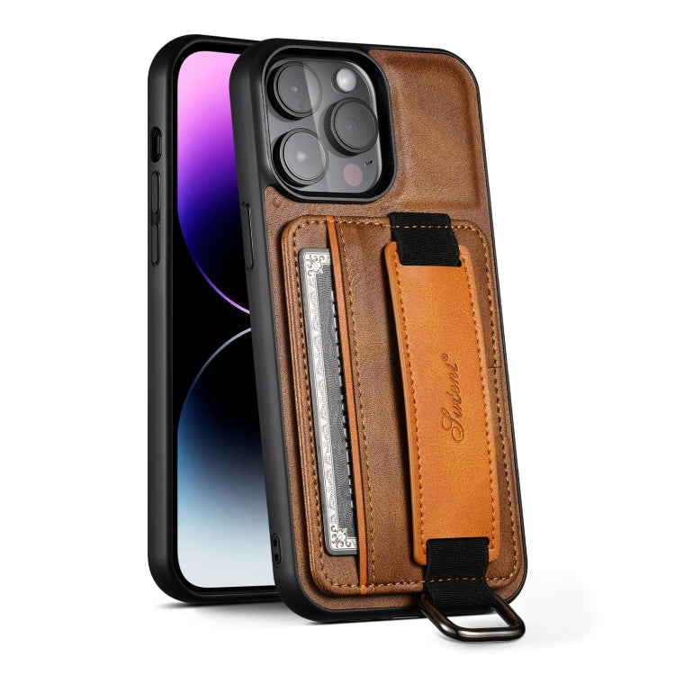 For iPhone 16 Pro Max Suteni H13 Card Wallet Wrist Strap Holder PU Phone Case(Brown) by Suteni