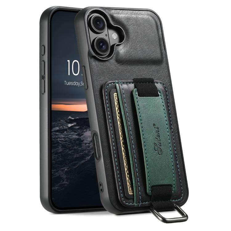 For iPhone 17 Suteni H13 Card Wallet Wrist Strap Holder PU Phone Case(Black) by Suteni