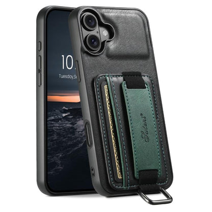 For iPhone 17 Suteni H13 Card Wallet Wrist Strap Holder PU Phone Case(Black) by Suteni