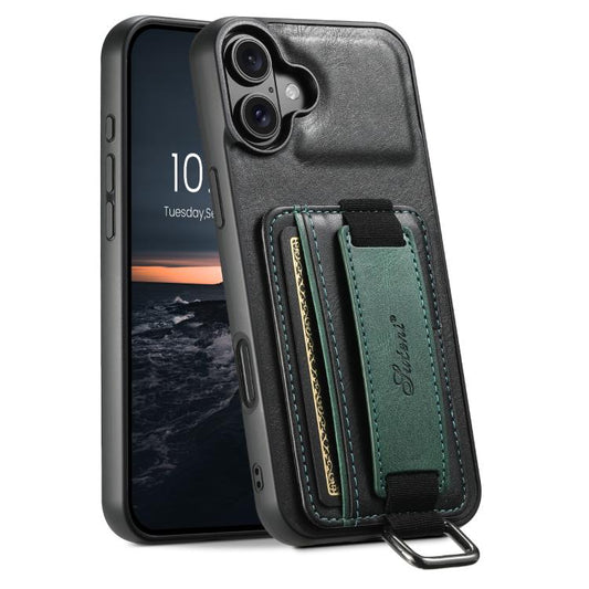 For iPhone 17 Suteni H13 Card Wallet Wrist Strap Holder PU Phone Case(Black) by Suteni