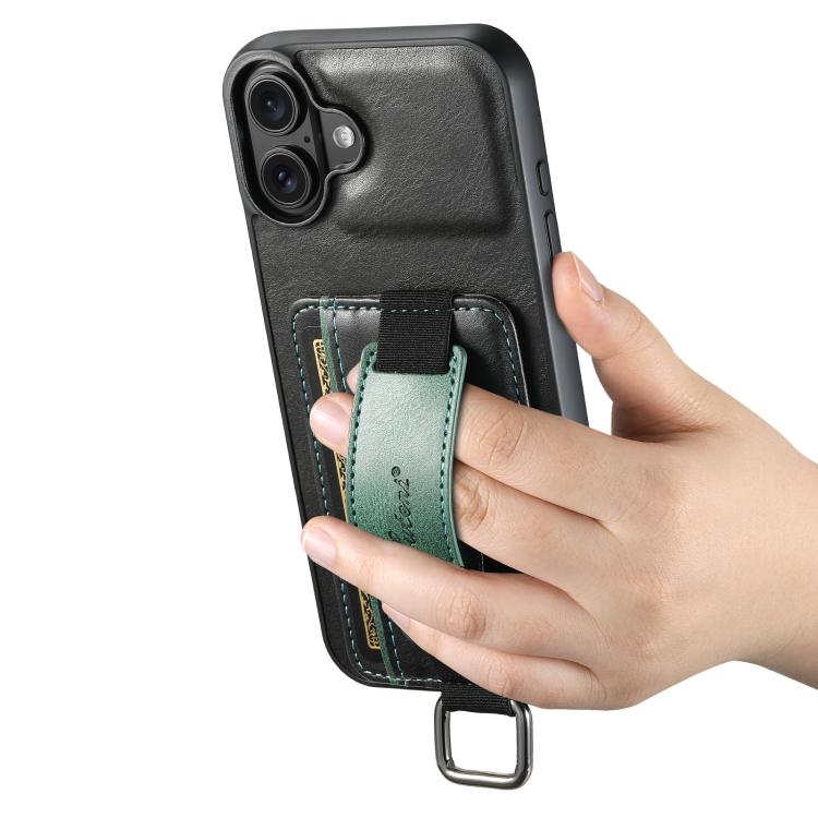 For iPhone 17 Suteni H13 Card Wallet Wrist Strap Holder PU Phone Case(Black) by Suteni